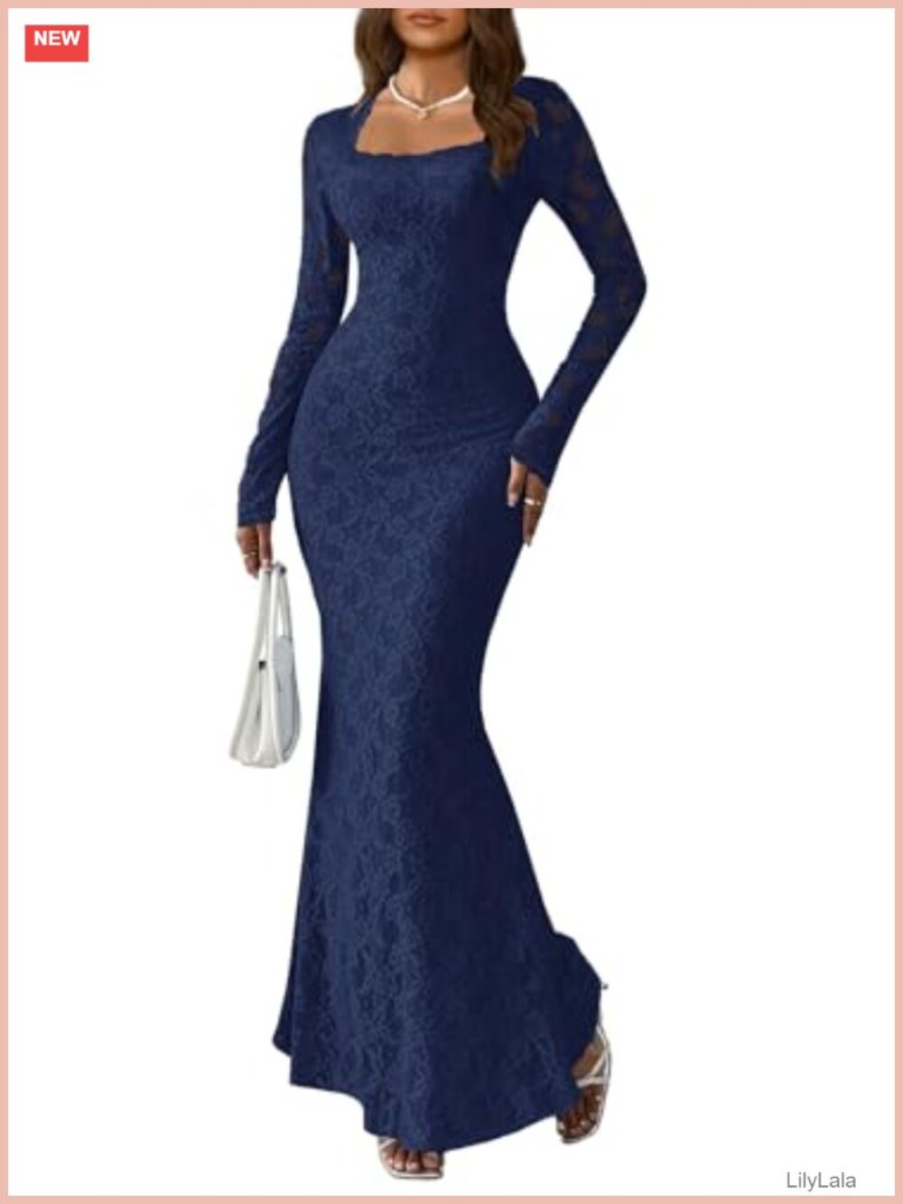 Long Sleeve Bodycon Maxi Dress Square Neck Lace Formal Evening Gown